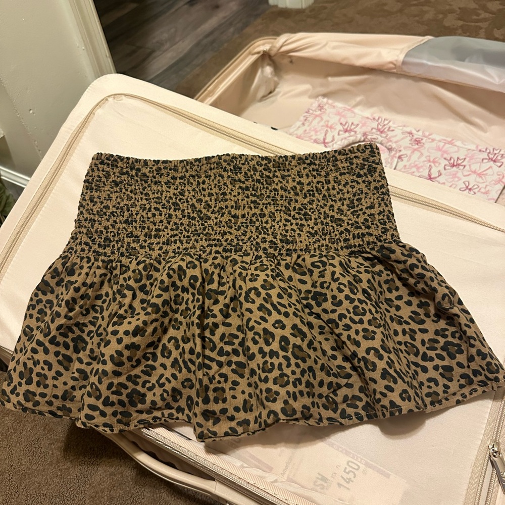 American Eagle Outfitters Tan Leopard Smocked Strapless Shirt